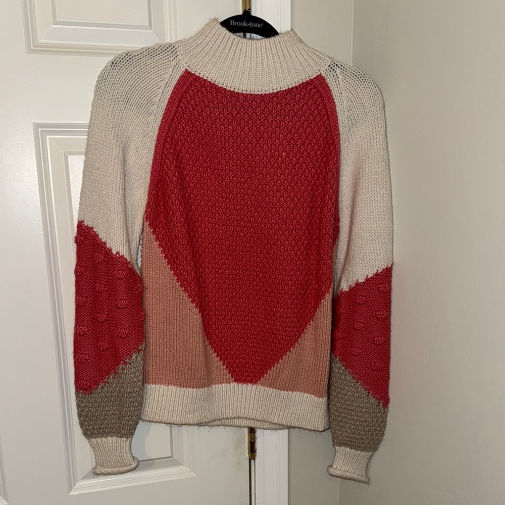 LOFT Pink and White Crew Neck Sweater with Color-Block Design